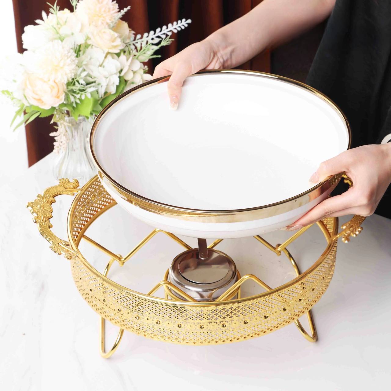 Luxury Ceramic Buffet Food warmers with High quality stainless steel stand.