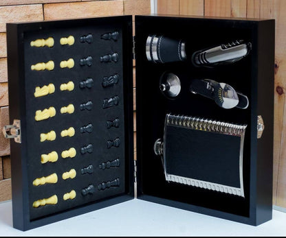 Wine flaskWood Board gift set with chess & Chess play set in