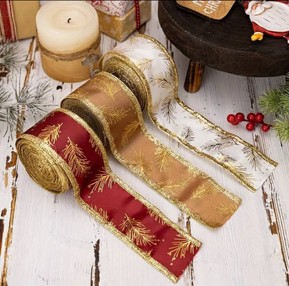 5M Christmas Ribbon with Iron Wire Glitter Gold Leaf Printed Christmas Decoration DIY Craft Bow Gift Packing