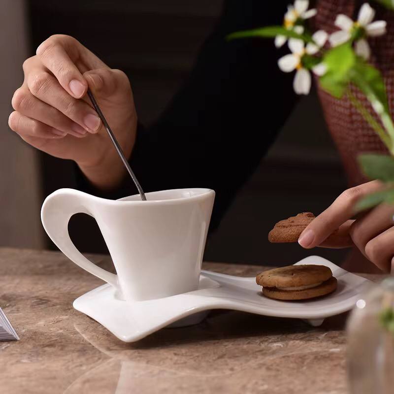 Special style ceramic white plain with wave design cup and saucer
set of six