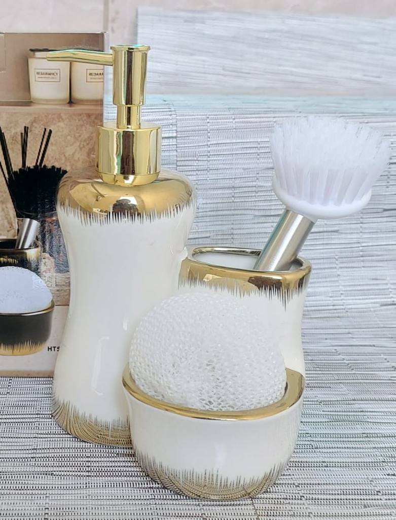 Combined 3 level ceramic lotion / soap dispenser with 2 slots brush and wash pad
