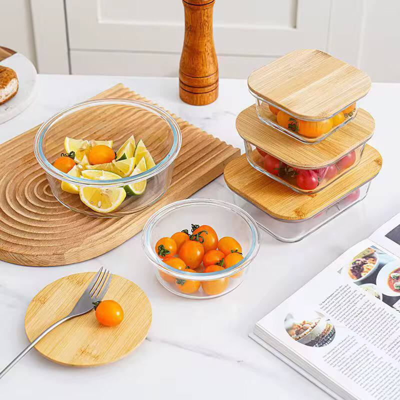 3pcs glass bowl storage containers with bamboo lid