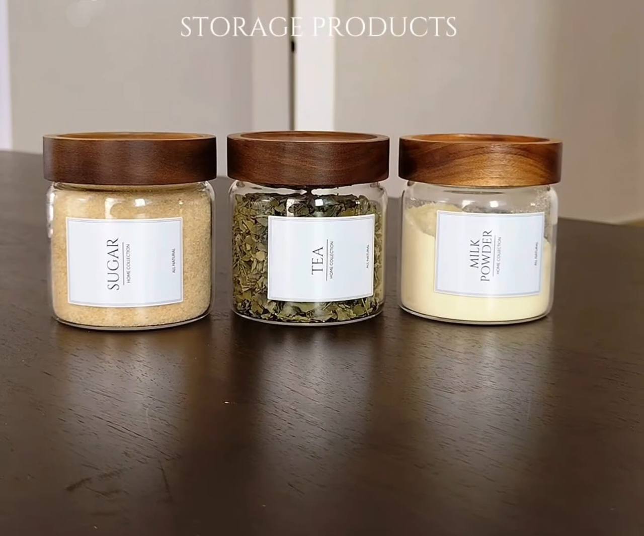 Mulit-purpose Modern Glass Sealed storage Jars with Acacia wood lid and Spoons