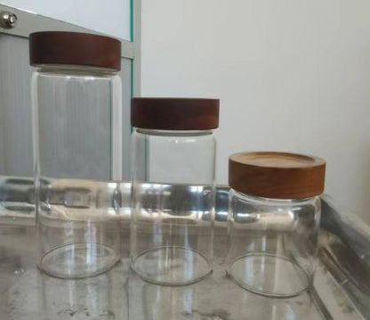 Mulit-purpose Modern Glass Sealed storage Jars with Acacia wood lid and Spoons