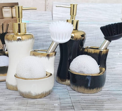 Combined 3 level ceramic lotion / soap dispenser with 2 slots brush and wash pad