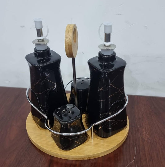 JA7009-H28 set of 4 ceramic gravy boat season oil dispenser and shakers on bamboo base