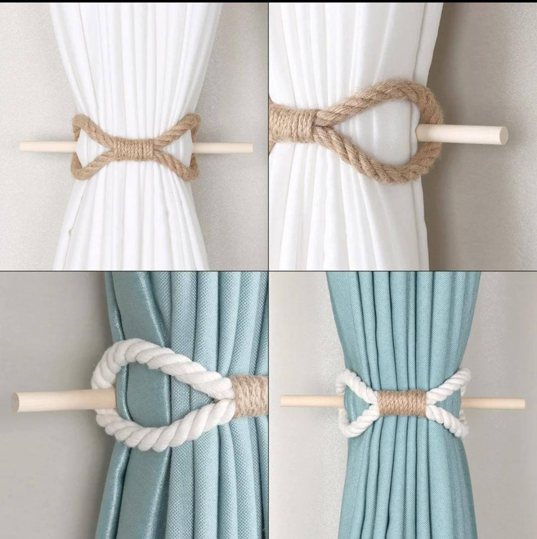 Curtain Tiebacks Rustic Holdbacks for Drapes, Farmhouse Tie Backs for Curtains, Cotton Jute Rope with Wood Club, Natural Boho Decor Shabby Chic Drapery Holder, Pack-2