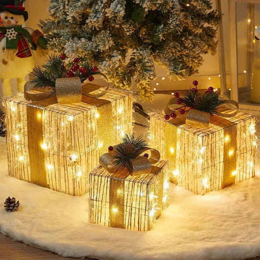3Pc Set Snow Flocked Christmas Lighted Gift Boxes (Design B)