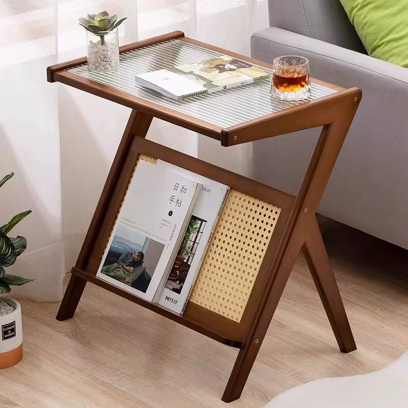 Modern Boho/Japanese pure solid bamboo side table with Glass top.