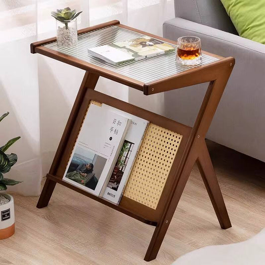 Modern Boho/Japanese pure solid bamboo side table with Glass top.