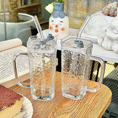 Transparent Borosilicate Drinking Glass Cup/Tumbler with  lid + straw