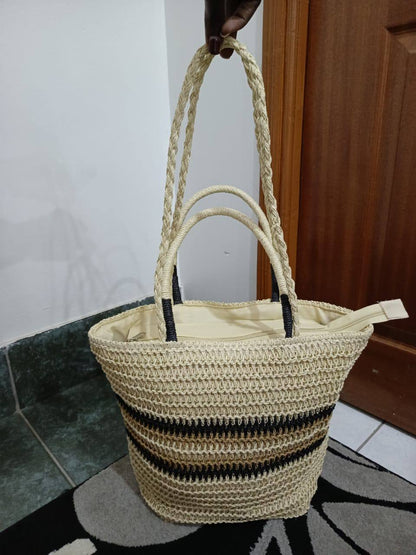 French color block woven tote bag