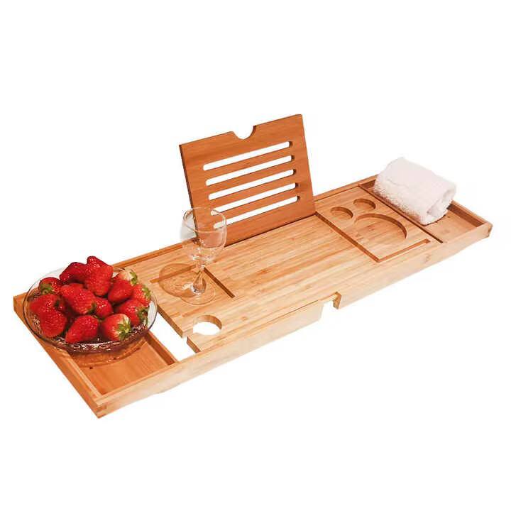 Expandable Bamboo Bathtub Caddy Tray / Breakfast Bed Table with Stand