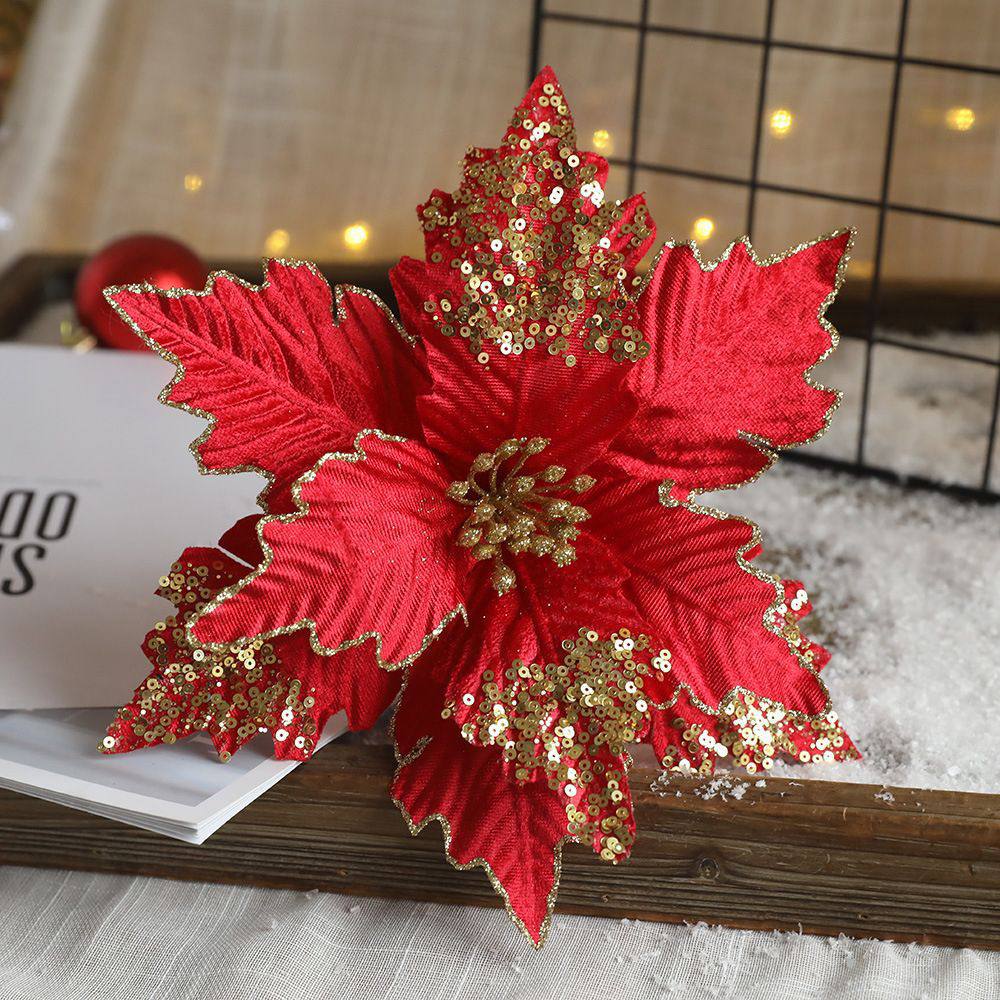 Christmas Ornament Simulation Christmas Flower Fabric Flower Arrangement Ornament Flannel Sequined Christmas Flower