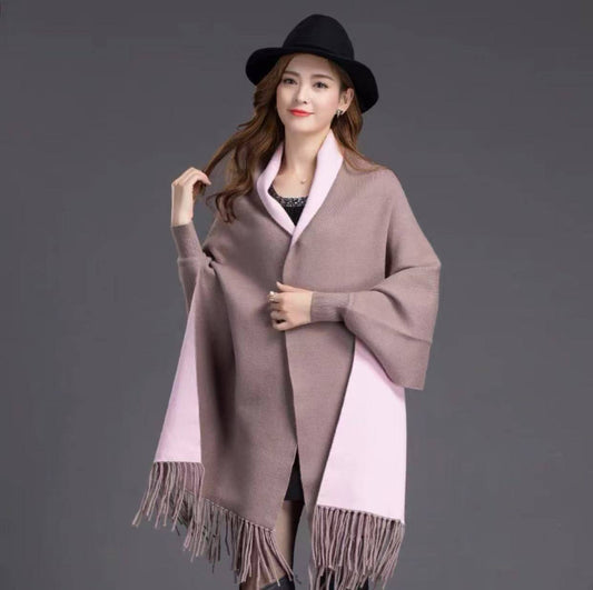 Plain double sided long sleeve ponchos shawls with tassels