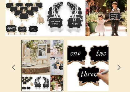 Creative multiple purposes Wood Mini Chalkboard Signs with Support Easels, Place Cards
, Small Rectangle Chalkboards Blackboard for Weddings, Birthday Parties, Table Numbers, Message Board Signs and Event Decorations