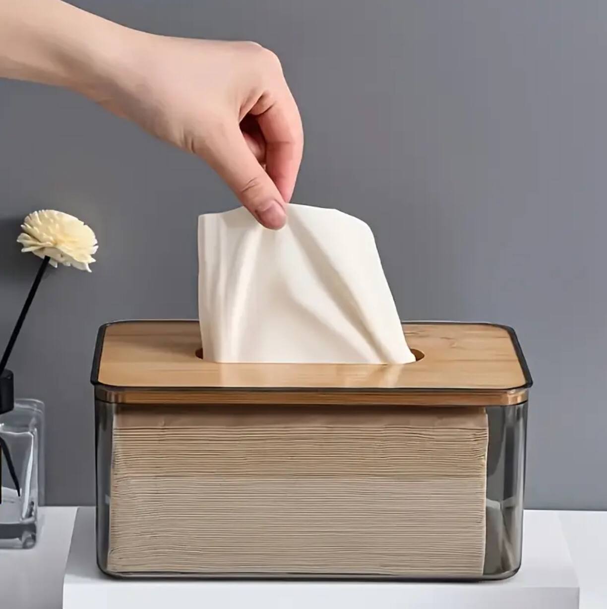 Acrylic transparent serviette holder with bamboo cover