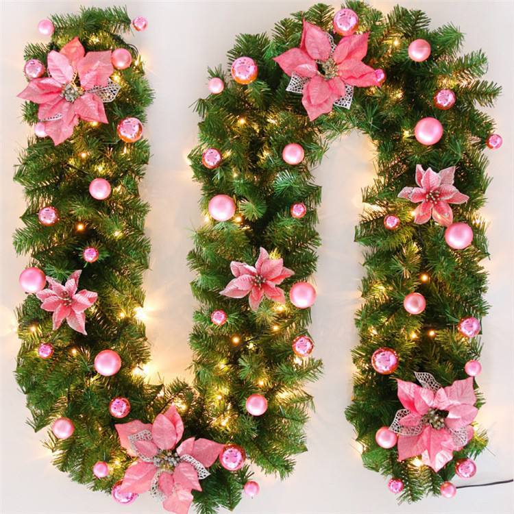 Christmas Garland with flower decoration,  balls and LED light