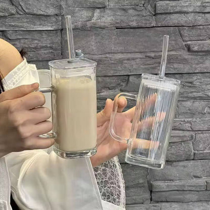 Transparent Borosilicate Drinking Glass Cup/Tumbler with  lid + straw
