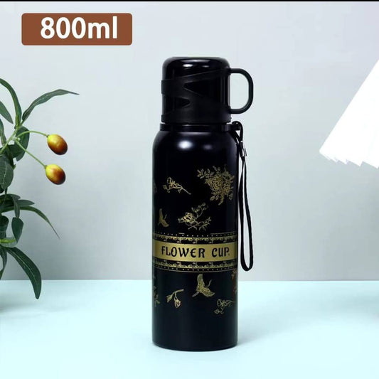 600ml Capacity black flower cup Vacuum flask