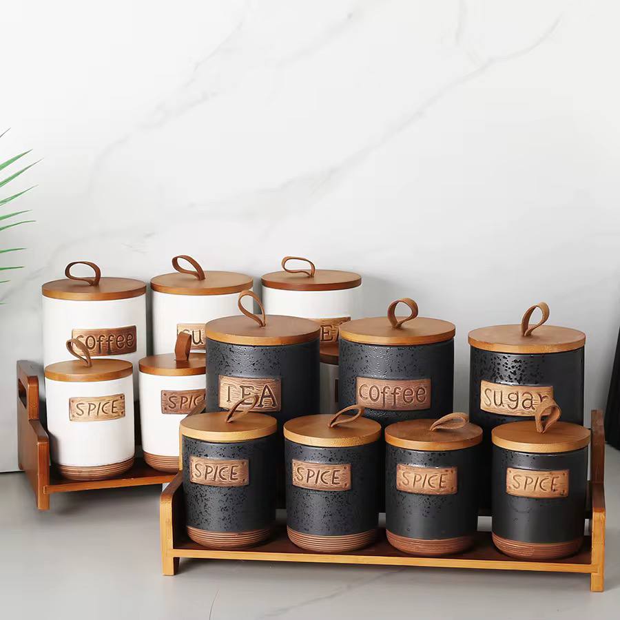 7pcs porcelain Canisters set with bamboo rack