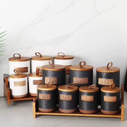 7pcs porcelain Canisters set with bamboo rack