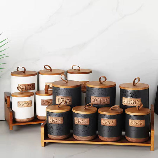 7pcs porcelain Canisters set with bamboo rack