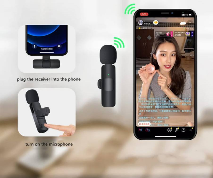 Clip on lavalier rechargeable Wireless microphone for tiktok video recording and live