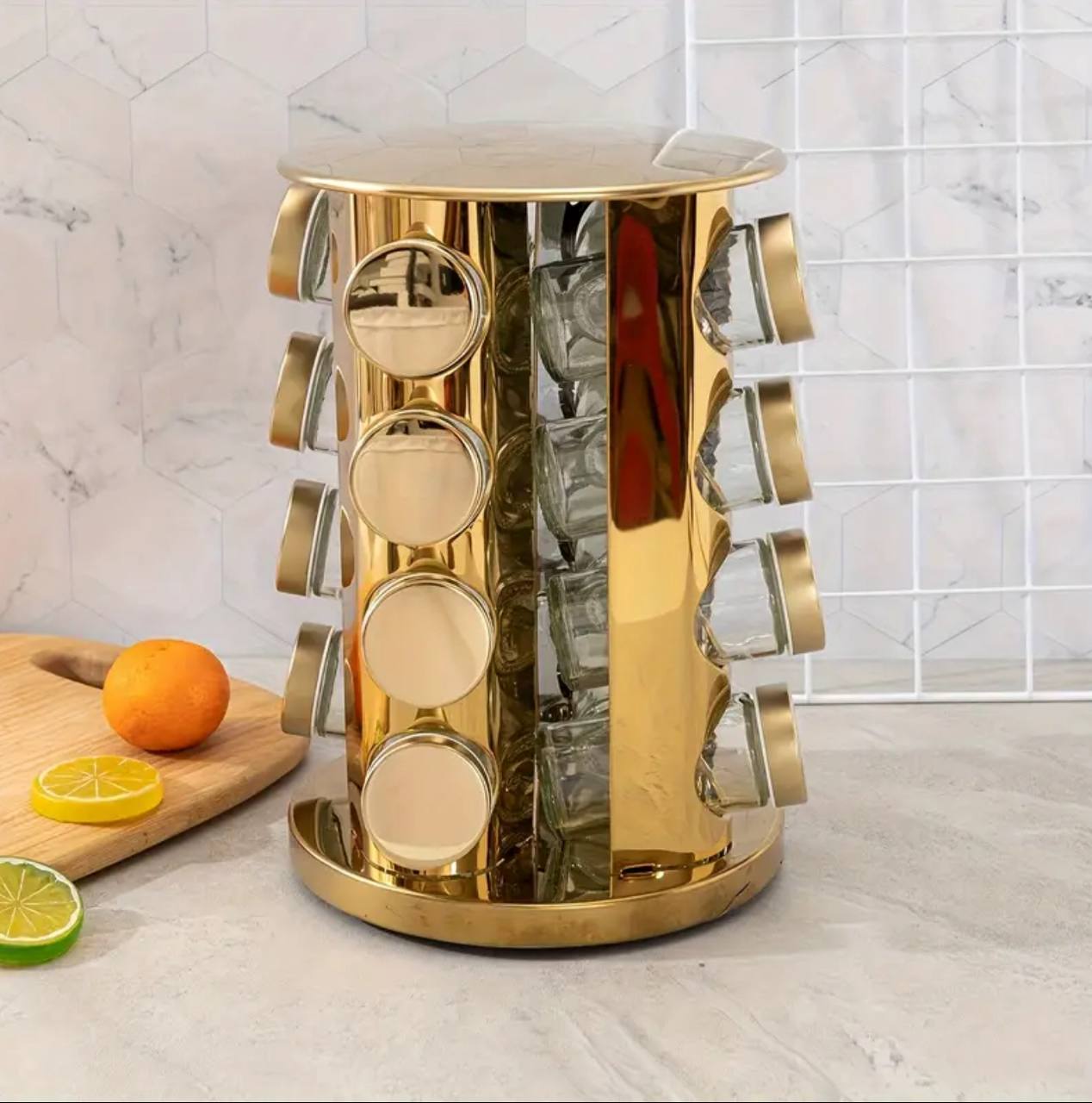 16pcs Golden spice rack with rotary base/stand