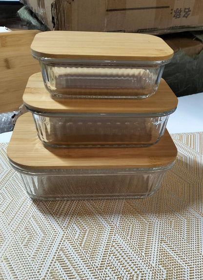 Ribbed Glass Food Storage Containers with Bamboo Lids