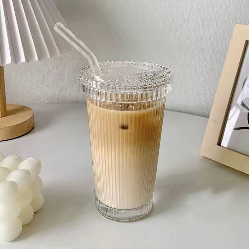 375Ml Simple Stripe Glass Cup With Lid and Straw