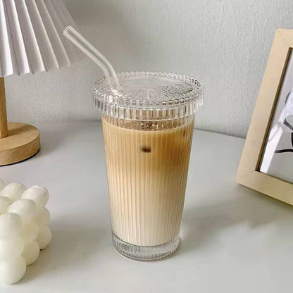 375Ml Simple Stripe Glass Cup With Lid and Straw