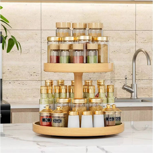 New Bamboo Double layer Rotating kitchen Seasoning storage Rack wood.