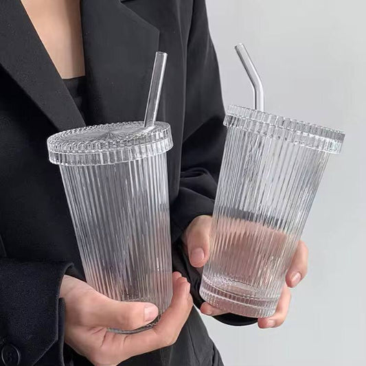 375Ml Simple Stripe Glass Cup With Lid and Straw