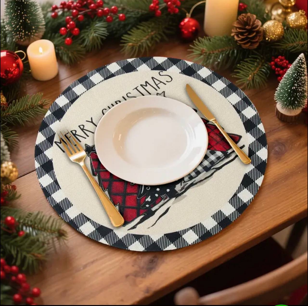 Plaid Christmas Round Placemats Set of 2pcs