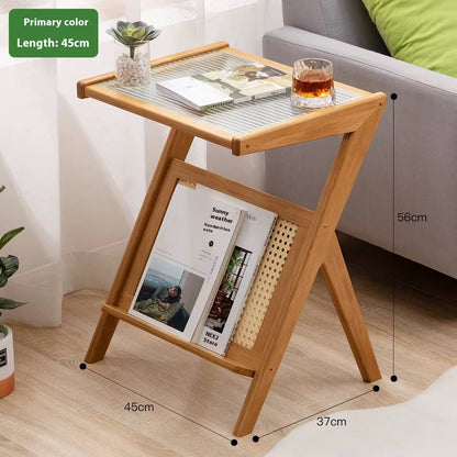 Modern Boho/Japanese pure solid bamboo side table with Glass top.