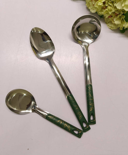 Stainless steel silver serving spoon with green in black marble like handle