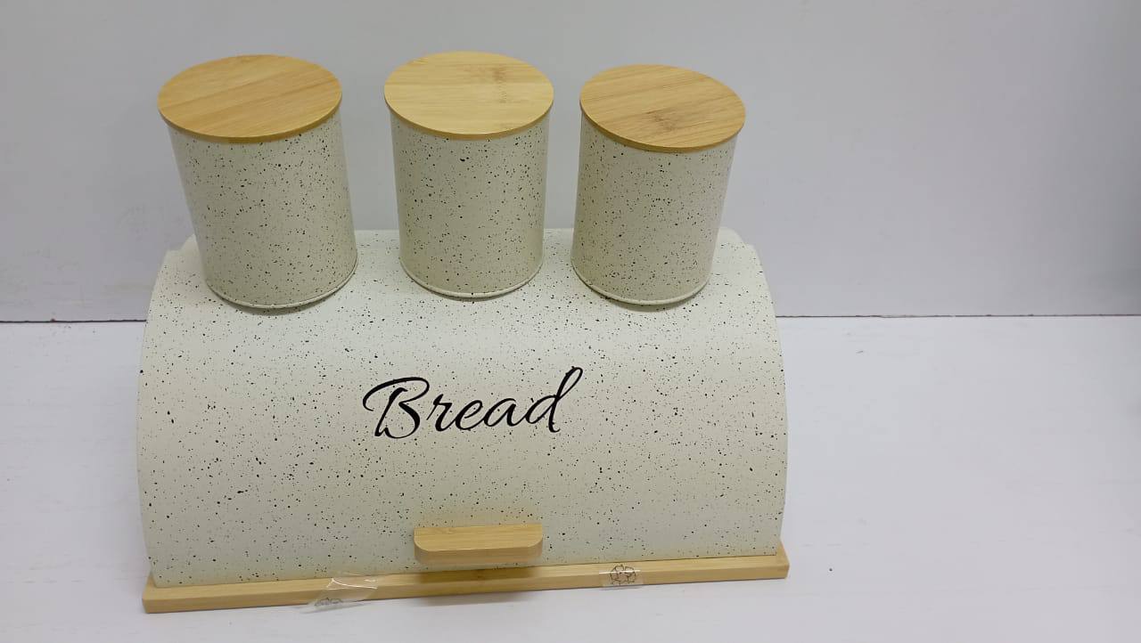 Metallic bread bin box with wooden base