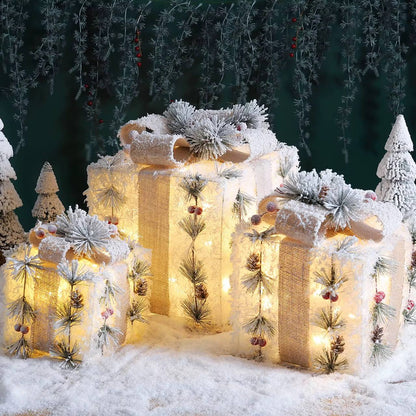 3Pc Set Snow Flocked Christmas Lighted Gift Boxes (Design A)