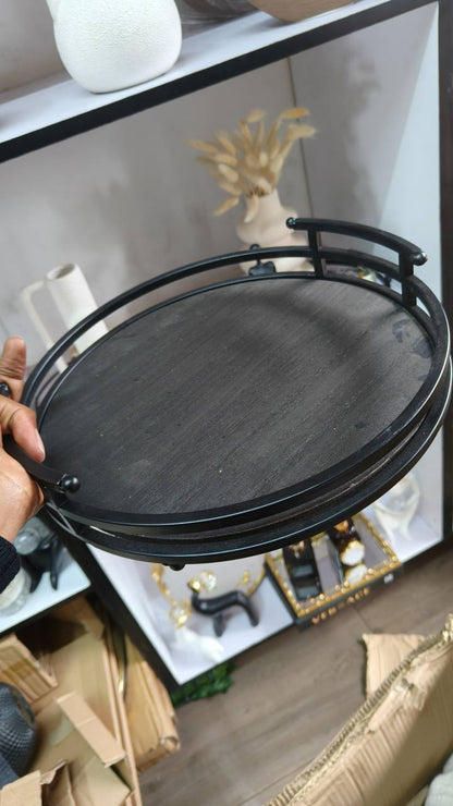 Home Decor Rustic Modern Metal and Wood Round Counter Tray
