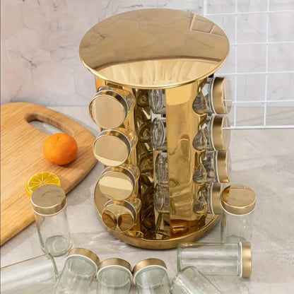 16pcs Golden spice rack with rotary base/stand