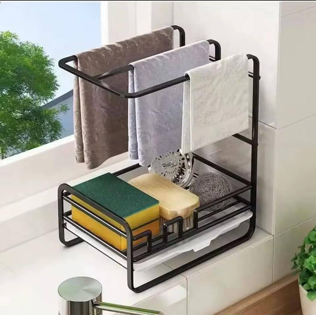 Metallic sink caddy 
With a draining tray