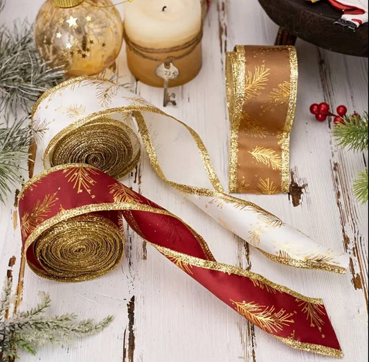 5M Christmas Ribbon with Iron Wire Glitter Gold Leaf Printed Christmas Decoration DIY Craft Bow Gift Packing