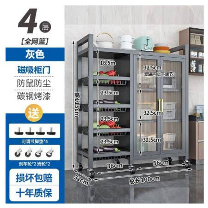 Multi-functional kitchen storage rack with visible doors and metal handles