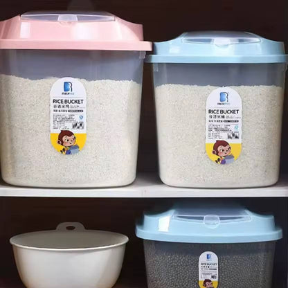 Plastic Cereal / Rice buckets now available in blue and peach cover options; 2 bucket options (white or clear); 2 size options