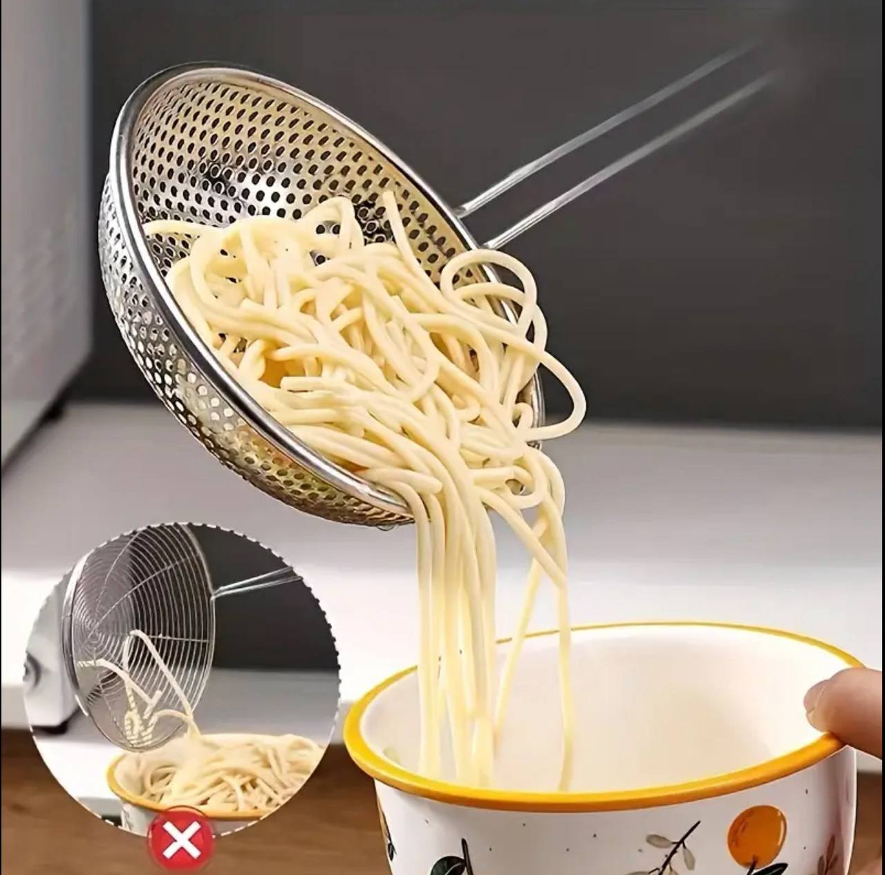 Stainless steel skimmer with wooden handle