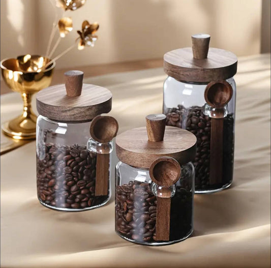 Mulit-purpose Modern Glass Sealed storage Jars with Acacia wood lid and Spoons