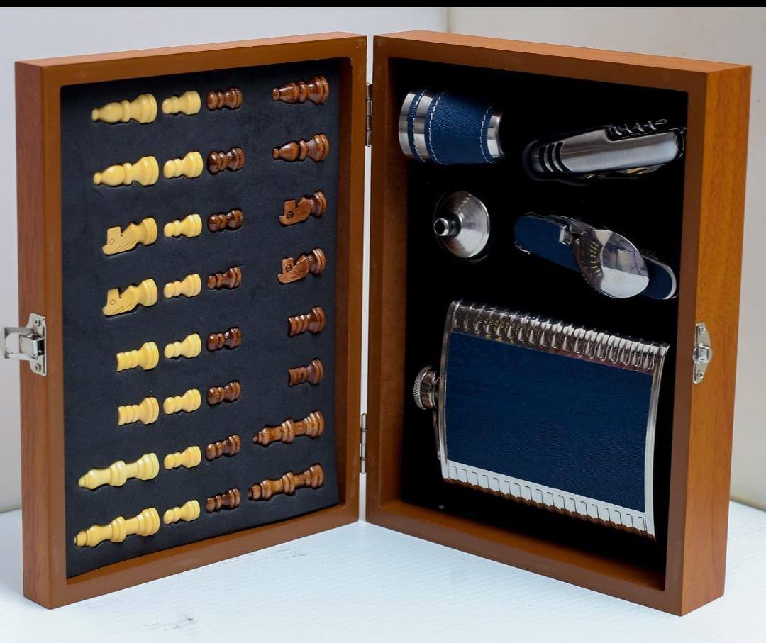 Wine flaskWood Board gift set with chess & Chess play set in