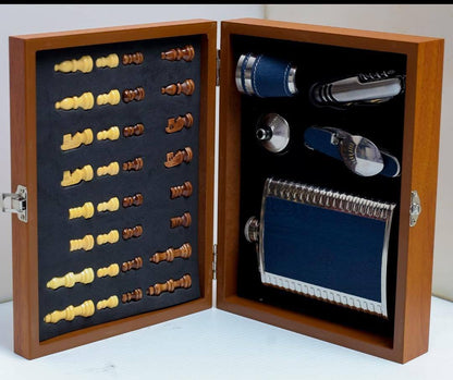 Wine flaskWood Board gift set with chess & Chess play set in