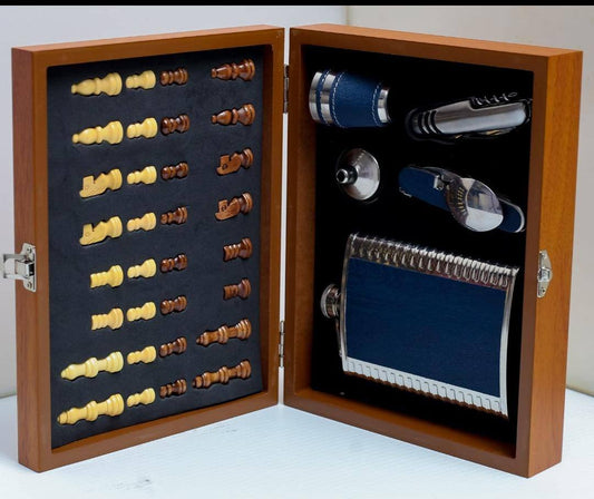 Wine flaskWood Board gift set with chess & Chess play set in